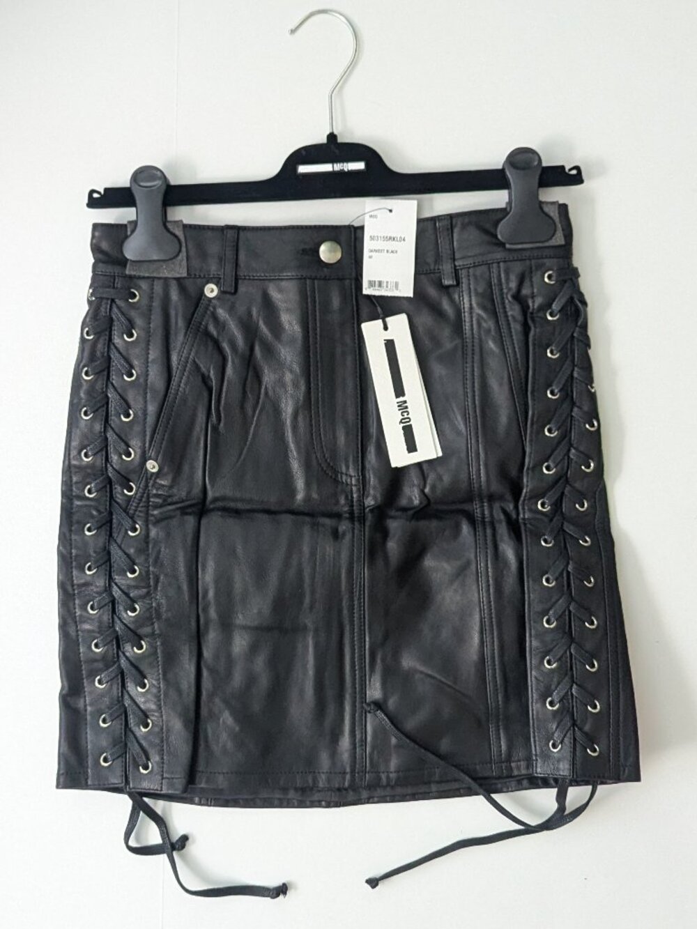 McQ Alexander A-Line Darkest Black Leather Skirt Womens Small (US 4, IT 40)